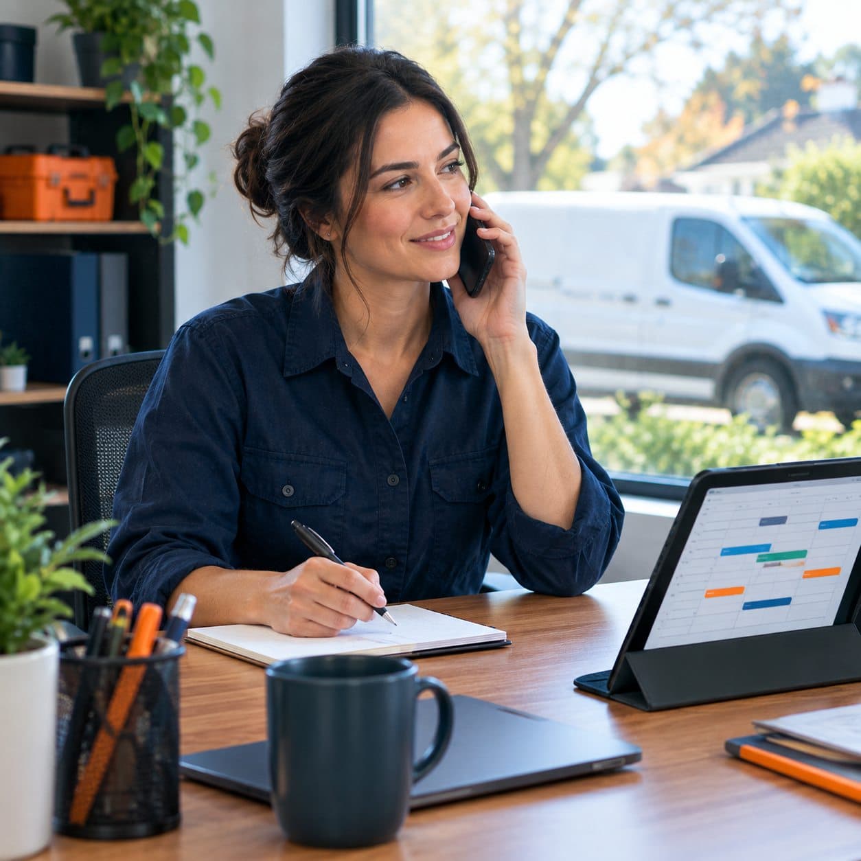 The owner of a repair company on the phone at her desk, a weekly schedule on a tablet beside her