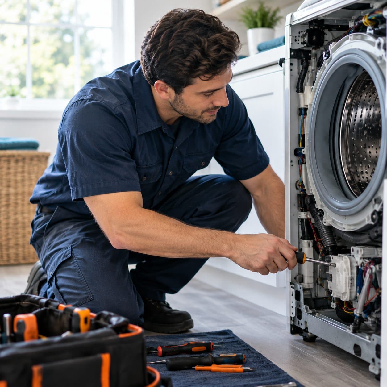 An appliance repair technician kneeling at an opened washing machine in a bright laundry room