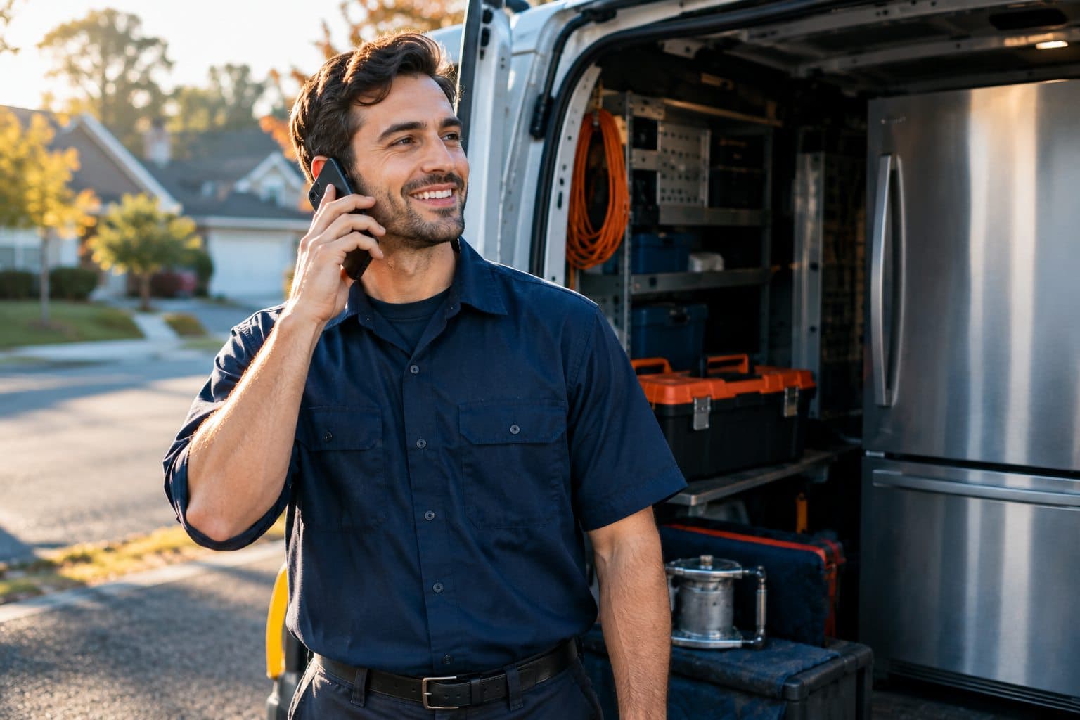 A smiling appliance repair technician answering his phone beside his open service van